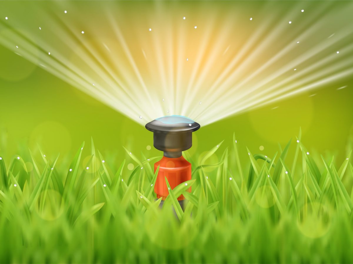 Automatic sprinkler system watering fresh green lawn realistic vector illustration