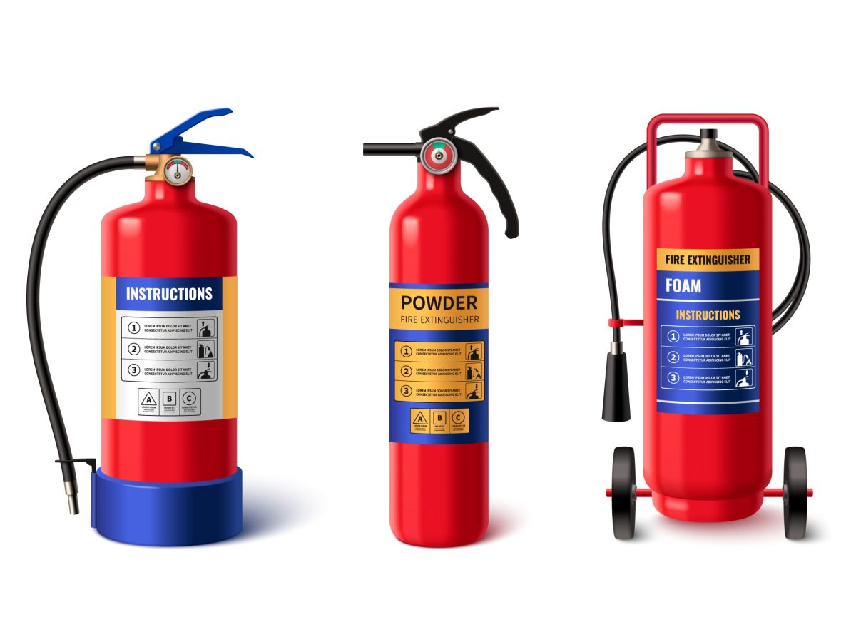 3d realistic fire extinguisher isolated vector icon. Water, powder and foam extinguish security type classifications set. Chemical fighter equipment. Emergency container tool for rescue with button