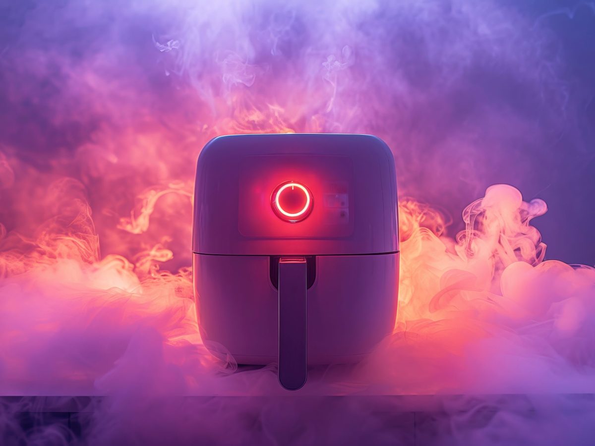 Generate a professional, high-quality studio image of an air fryer set against a warm purple background. Add a touch of steam or smoke for a special effect. Ensure maximum detail and realism, with no food in sight --chaos 20 --ar 3:2 --style raw --stylize 600 Job ID: b057d734-6ceb-4769-bfba-c5e5d8286d7b